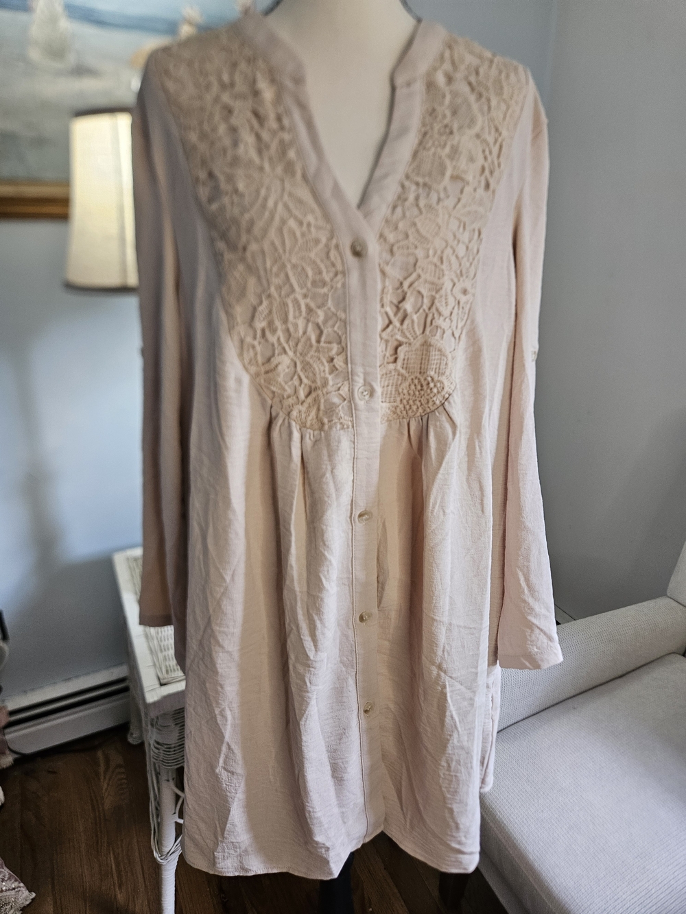 Women's Lace-Yoke Button-Front Dress. Cream P67